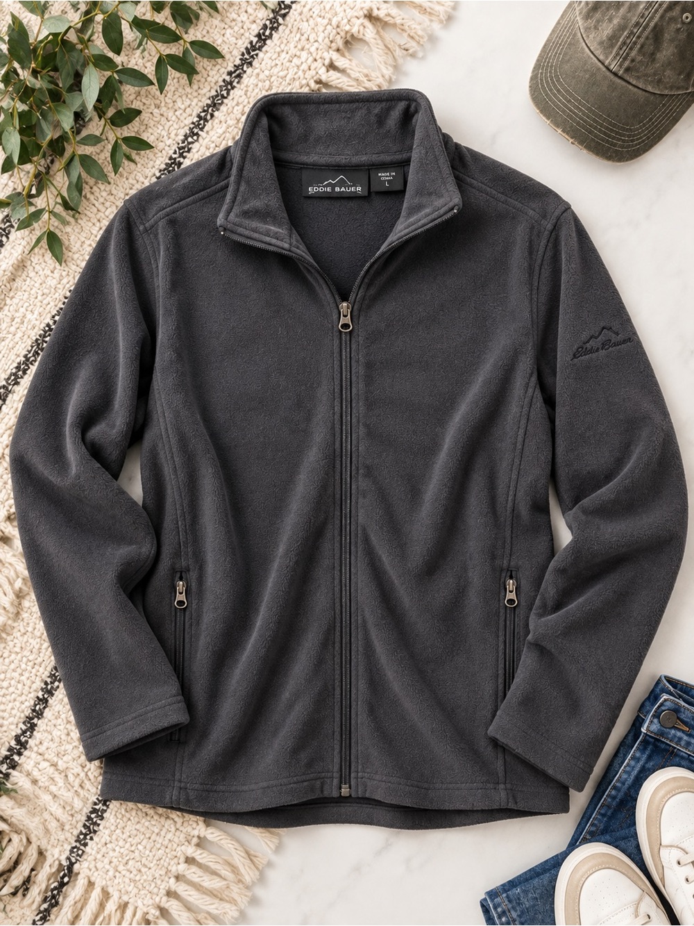 Eddie Bauer Charcoal Gray Full Zip Fleece Jacket Size L Women’s Unisex